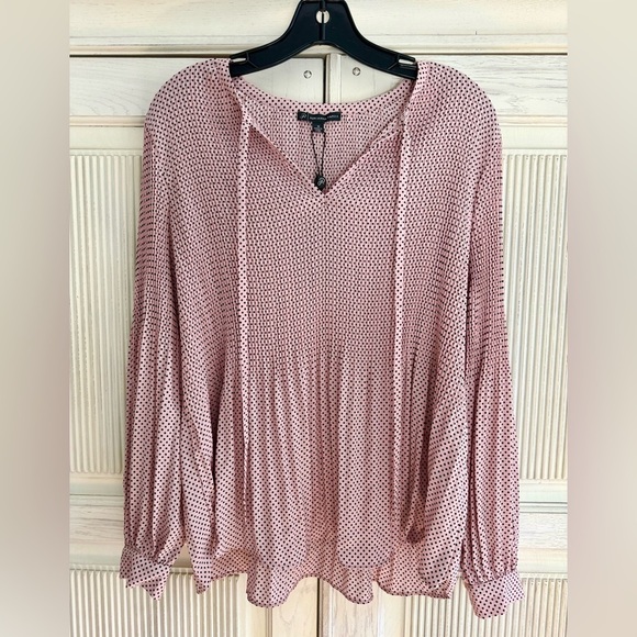 ADRIANNA PAPPELL Womens Pink and Black Polka Dot V-Neck Pleated Blouse, Small - Picture 1 of 14